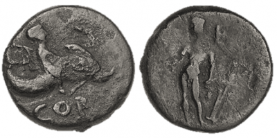 Figure 3: Isthmus and Melicertes (RPC I, 1168). Bronze as, from Corinth, c. 27 BCE. Obverse: Melicertes sitting on a dolphin, holding a thryos over his shoulder, with the legend COR. Reverse: standing Isthmus, holding rudder in each hand. Reproduced with permission of Ino Ioannidou and Lenio Bartzioti, American School of Classical Studies at Athens, Corinth Excavations (www.ascsa.net).